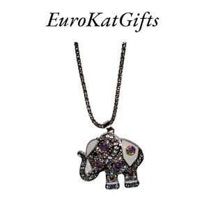 NEW Elephant Pendant Necklace CZ Earrings Set White Gold pl enamel stainless NWT